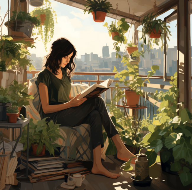 Woman sitting outside on her balcony reading a book, surrounded by potted and hanging plants.